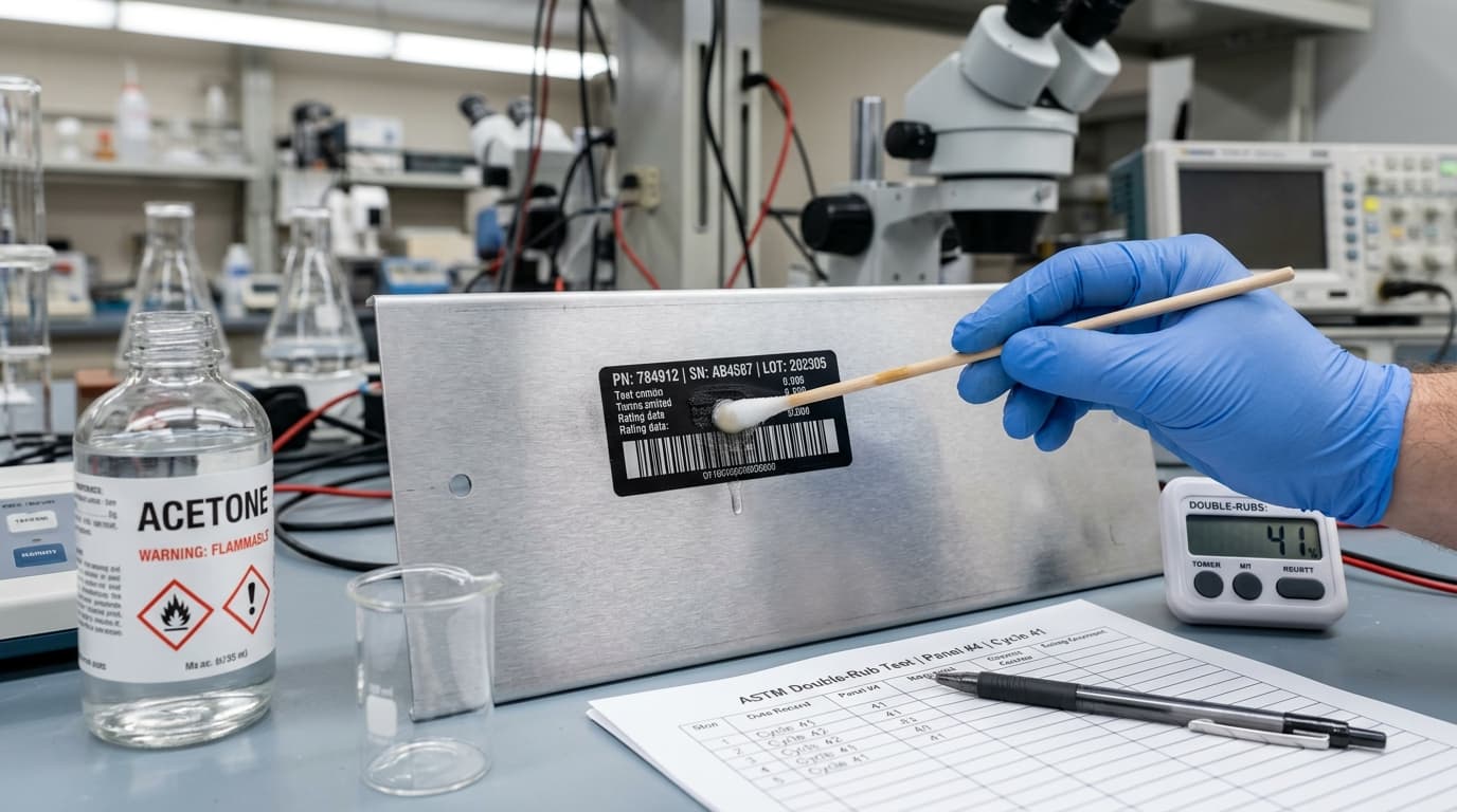 Laboratory chemical immersion and rub test setup for Acetone (2-Propanone)