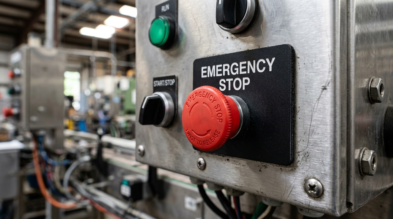 Industrial Control Panel with Brady B-593 Raised Push-Button Legend Plates and B-483A High-Tack Labels