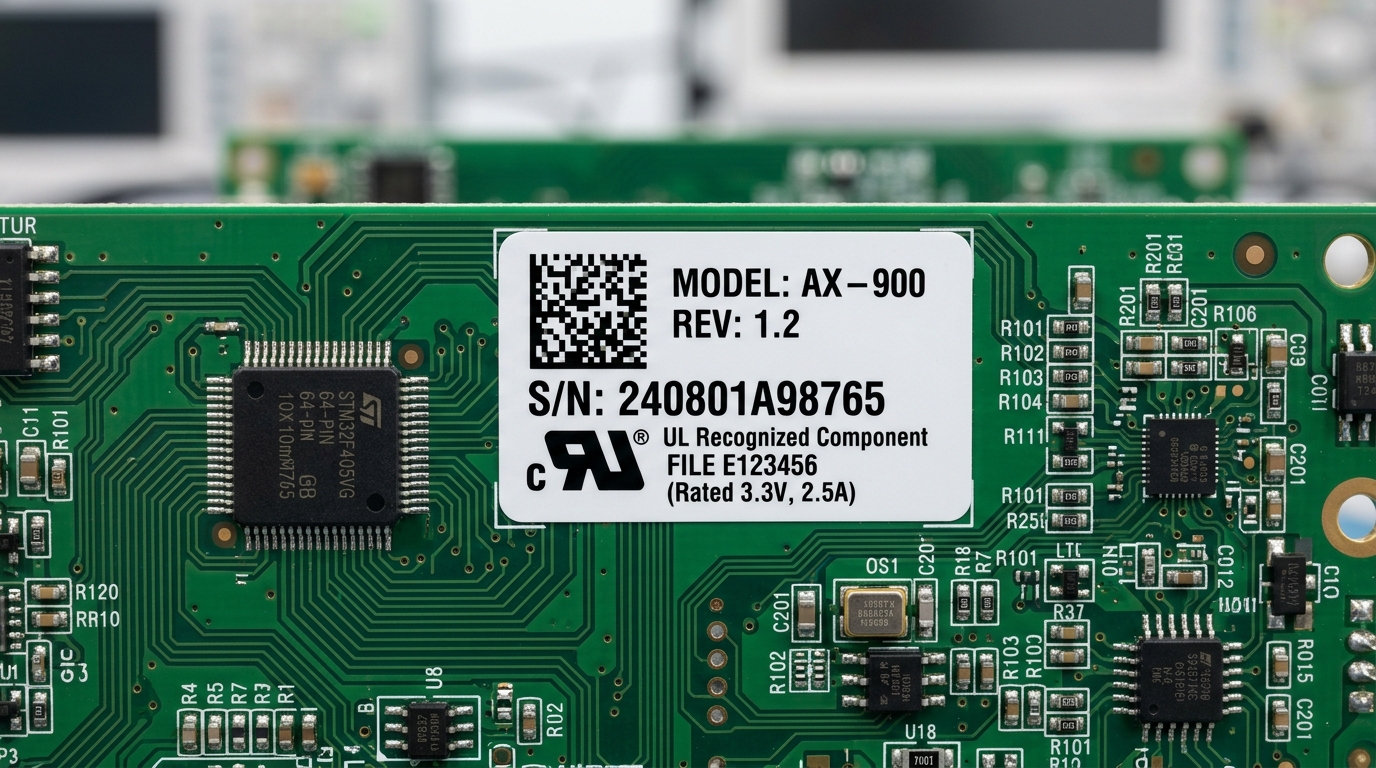 UL 969 Marking and Labeling Systems Certified Rating Plate on Circuit Board